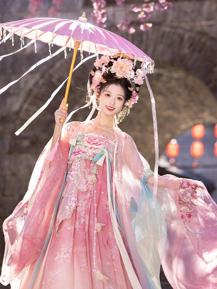 Women Summer Tang Dynasty Hanfu Qixiong Shanqun Pink Cute Set