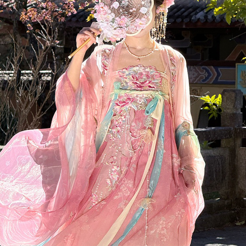 Women-Summer-Tang-Dynasty-Hanfu-Qixiong-Shanqun-Pink-Cute-Set-2 Women Summer Tang Dynasty Hanfu Qixiong Shanqun Pink Cute Set