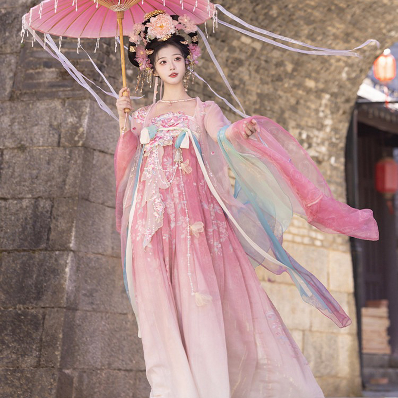 Women-Summer-Tang-Dynasty-Hanfu-Qixiong-Shanqun-Pink-Cute-Set-3 Women Summer Tang Dynasty Hanfu Qixiong Shanqun Pink Cute Set