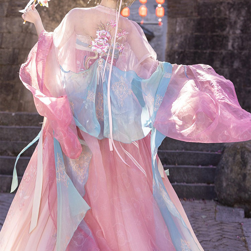 Women-Summer-Tang-Dynasty-Hanfu-Qixiong-Shanqun-Pink-Cute-Set-4 Women Summer Tang Dynasty Hanfu Qixiong Shanqun Pink Cute Set