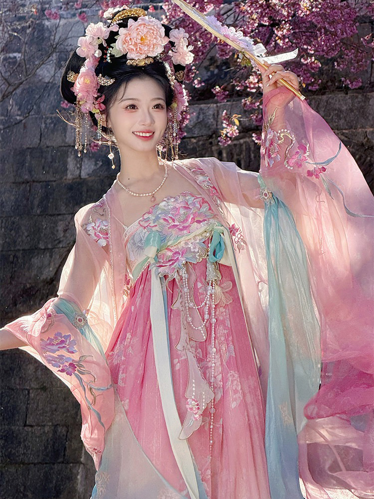 Women Summer Tang Dynasty Hanfu Qixiong Shanqun Pink Cute Set