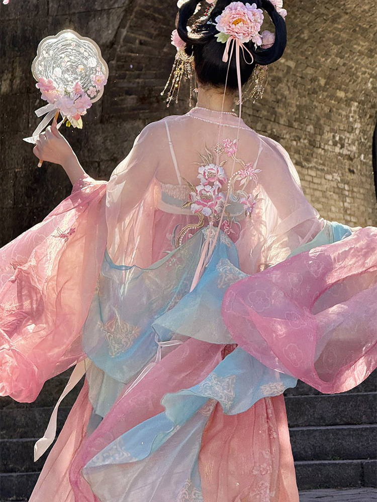 Women Summer Tang Dynasty Hanfu Qixiong Shanqun Pink Cute Set