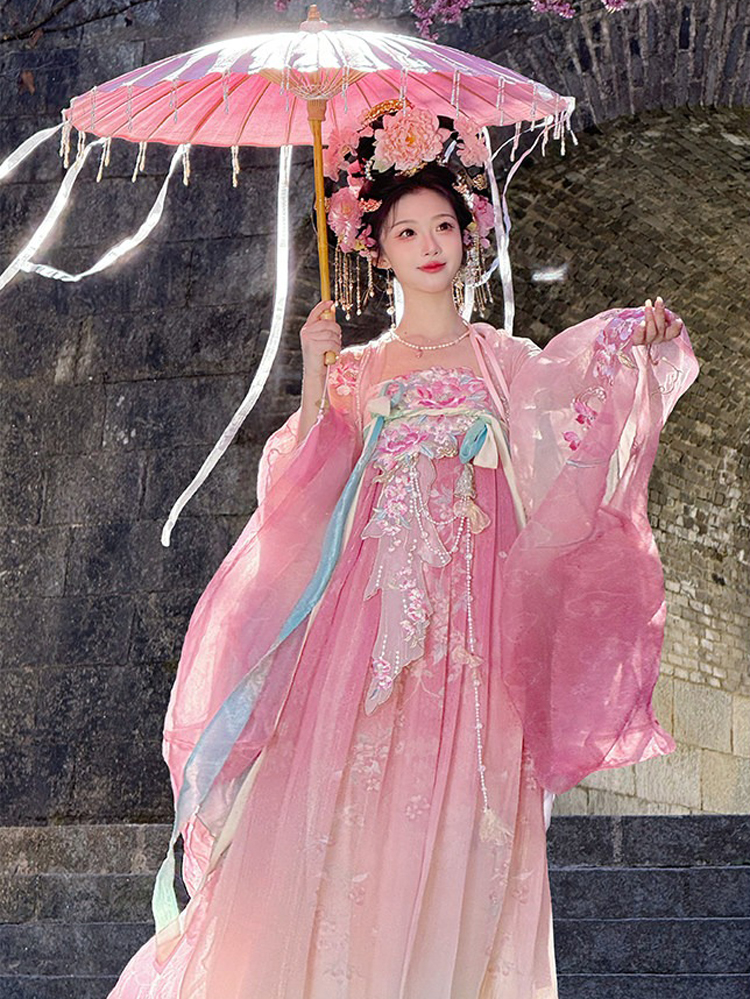 Women Summer Tang Dynasty Hanfu Qixiong Shanqun Pink Cute Set