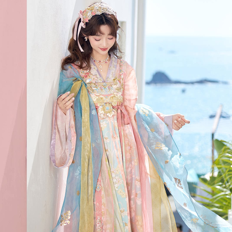 Women-Tang-Dynasty-Hanfu-Qixiong-Shanqun-Pink-Iridescent-Set-2 Women Tang Dynasty Hanfu Qixiong Shanqun Pink Iridescent Set