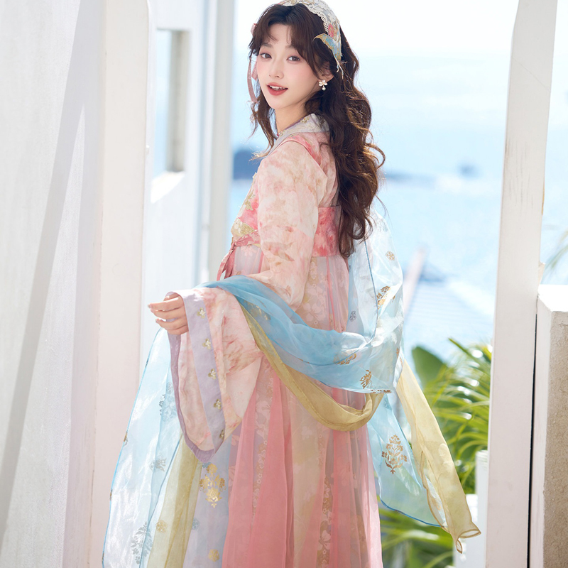 Women Tang Dynasty Hanfu Qixiong Shanqun Pink Iridescent Set