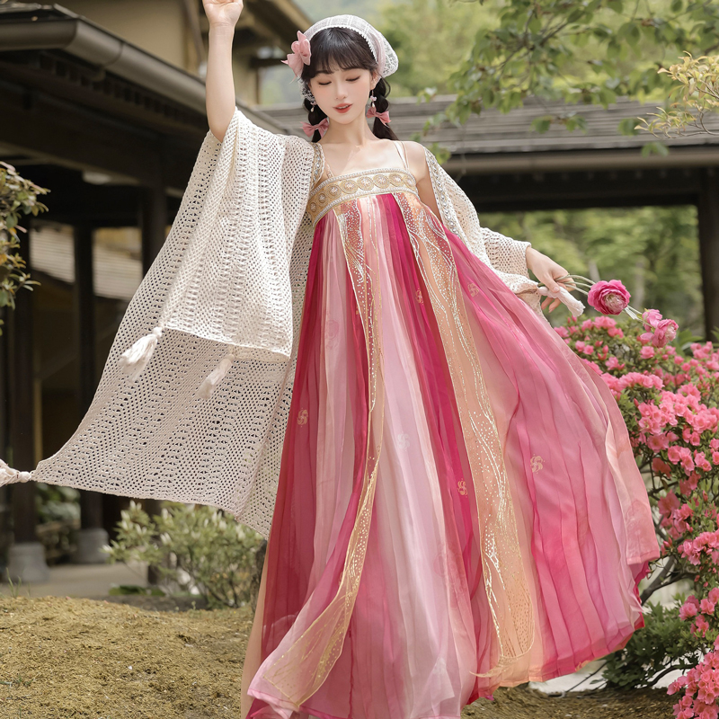 New-Tang-Style-Hanfu-Women-Qixiong-Shanqun-Casual-Fresh-Versatile-Spring-Summer-Set-1 Rosy Escape