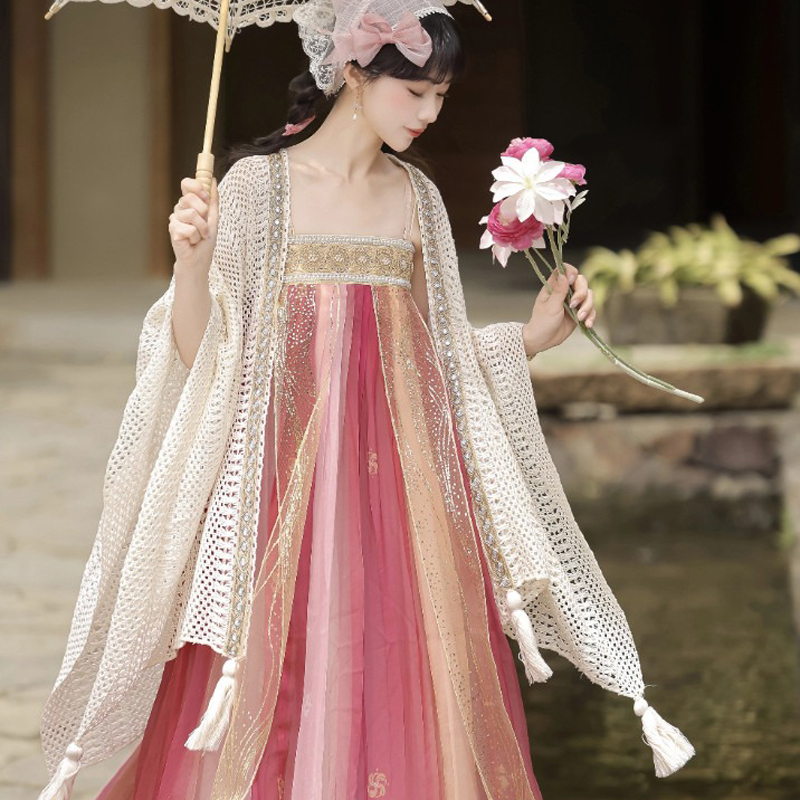 New-Tang-Style-Hanfu-Women-Qixiong-Shanqun-Casual-Fresh-Versatile-Spring-Summer-Set-3 Rosy Escape