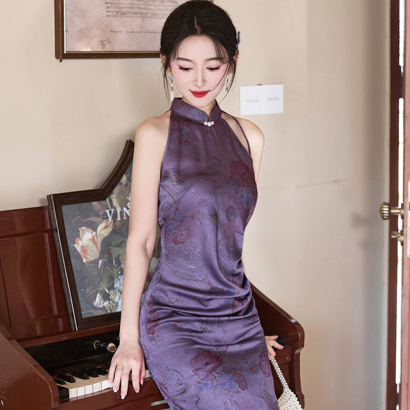 Women-Purple-Qipao-Style-Summer-Fitted-Dress-3 Women Purple Qipao Style Summer Fitted Dress