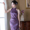 Women-Purple-Qipao-Style-Summer-Fitted-Dress-4 Women Purple Qipao Style Summer Fitted Dress