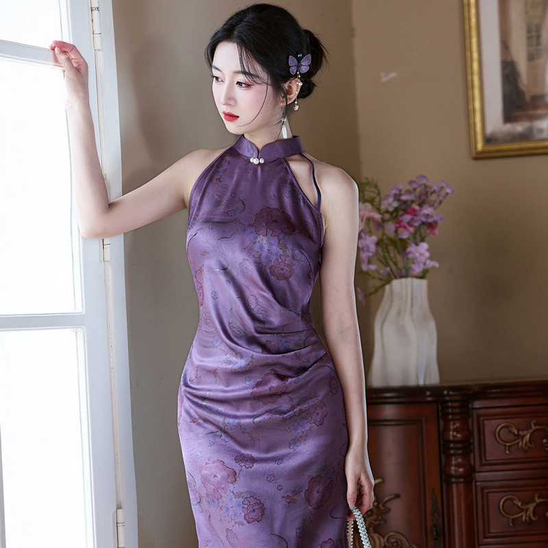 Women-Purple-Qipao-Style-Summer-Fitted-Dress-4 Women Purple Qipao Style Summer Fitted Dress