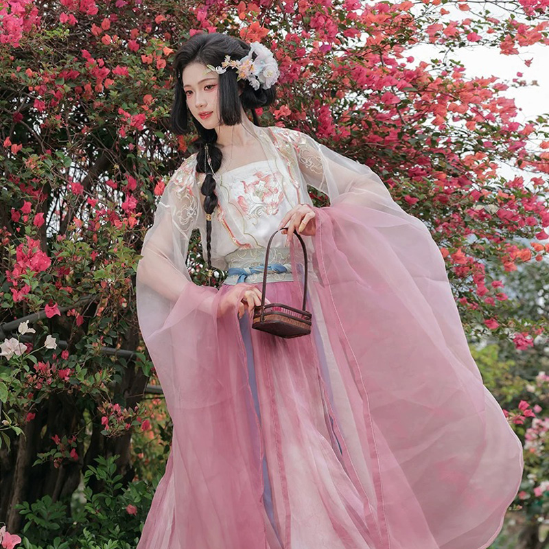 Women-Qiyao-Hanfu-Set-Spring-Pink-Casual-Wear-4 Women Qiyao Hanfu Set Spring Pink Casual Song Dynasty Wear