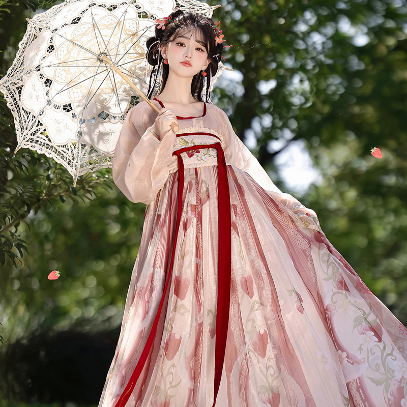 Women-Tang-Dynasty-Hanfu-Set-Qixiong-Style-Strawberry-Design-Fresh-Casual-1 Crimson Berry
