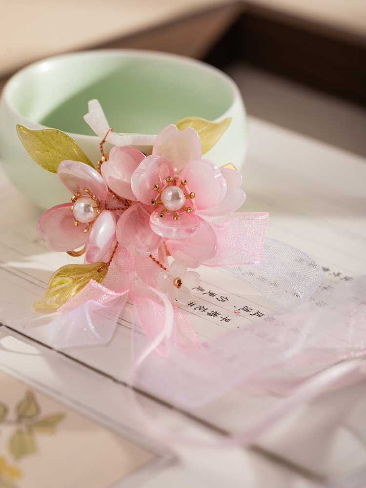 Cute Children Hanfu Headwear Cherry Blossom Hair Clips and Spring-Themed Ribbon Hair Accessories 