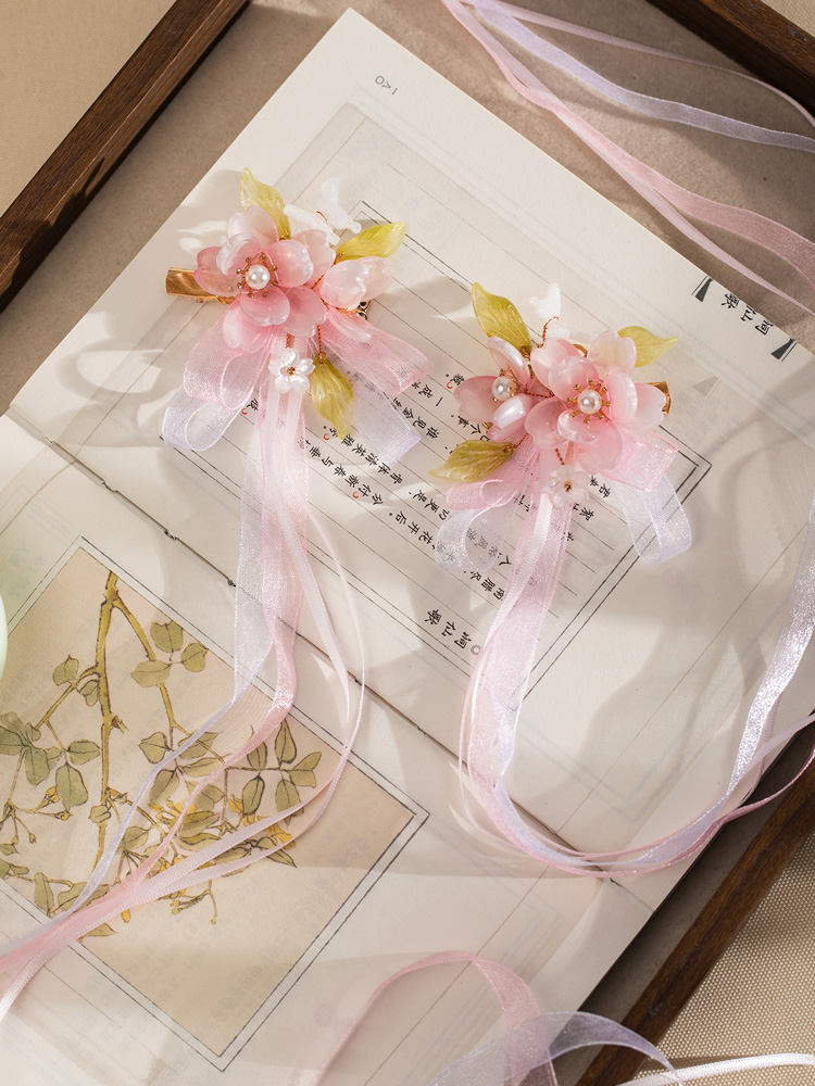 Cute Children Hanfu Headwear Cherry Blossom Hair Clips and Spring-Themed Ribbon Hair Accessories 