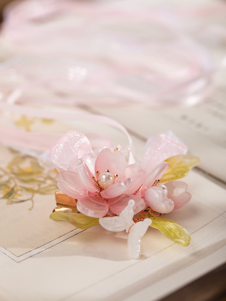 Cute Children Hanfu Headwear Cherry Blossom Hair Clips and Spring-Themed Ribbon Hair Accessories 