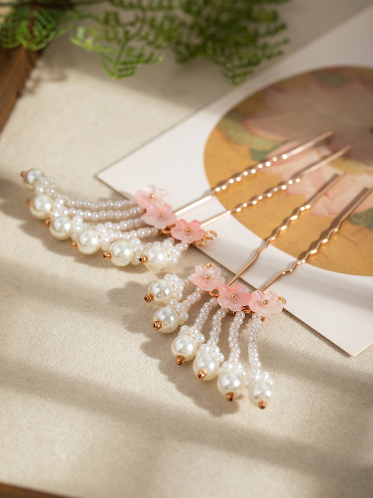 Hanfu Pearl Hairpins Classic Design with Cherry Blossom Motifs