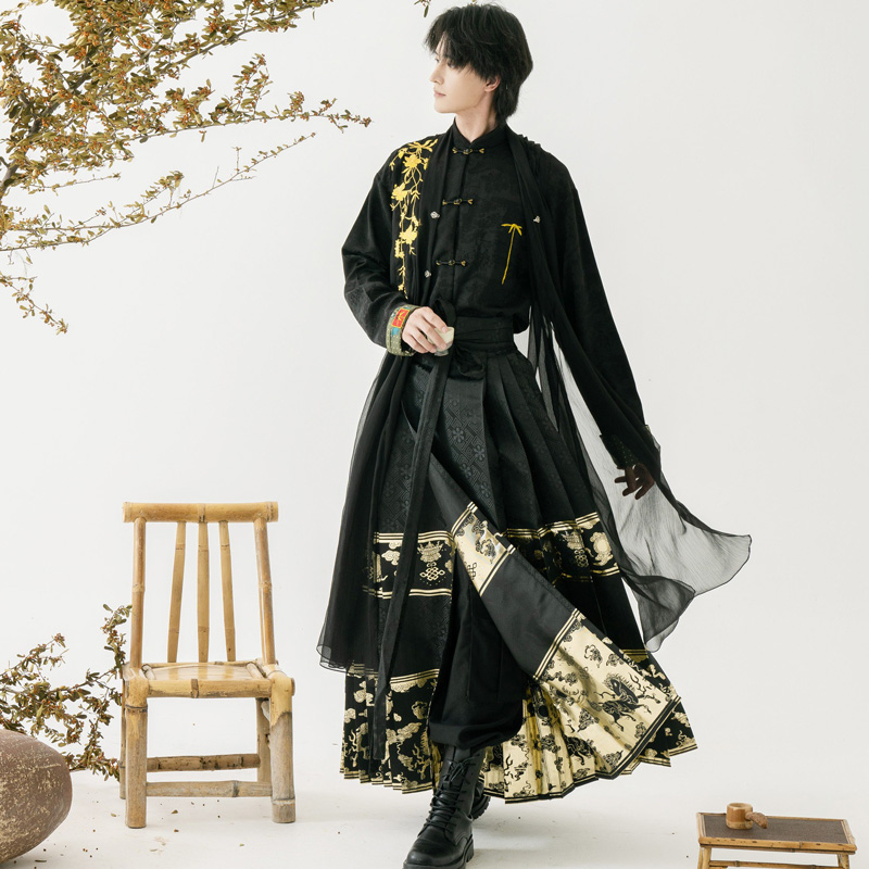 Men-Casual-Hanfu-Ming-Dynasty-Style-Mamian-Skirt-Modern-Stand-Collar-Shirt-1 Men Casual Hanfu Ming Dynasty Style Mamian Skirt Modern Stand Collar Shirt