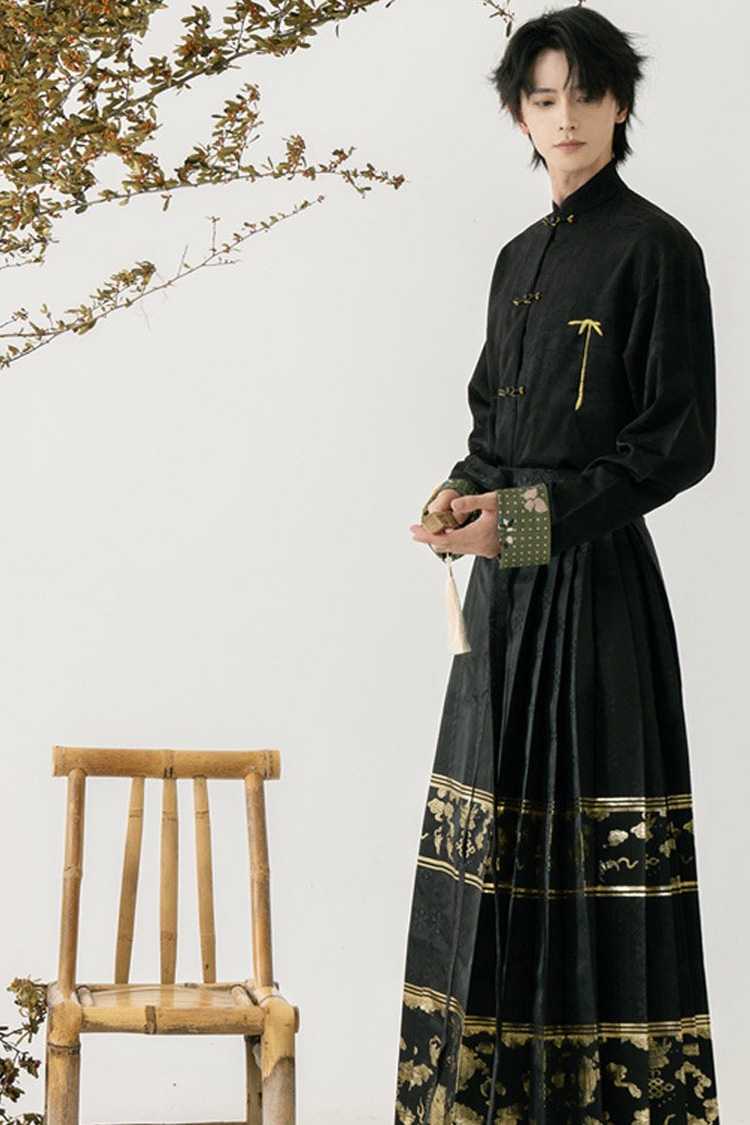 Men Casual Hanfu Ming Dynasty Style Mamian Skirt Modern Stand Collar Shirt