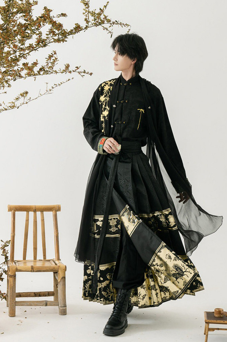 Men Casual Hanfu Ming Dynasty Style Mamian Skirt Modern Stand Collar Shirt