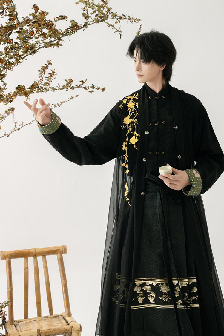 Men Casual Hanfu Ming Dynasty Style Mamian Skirt Modern Stand Collar Shirt