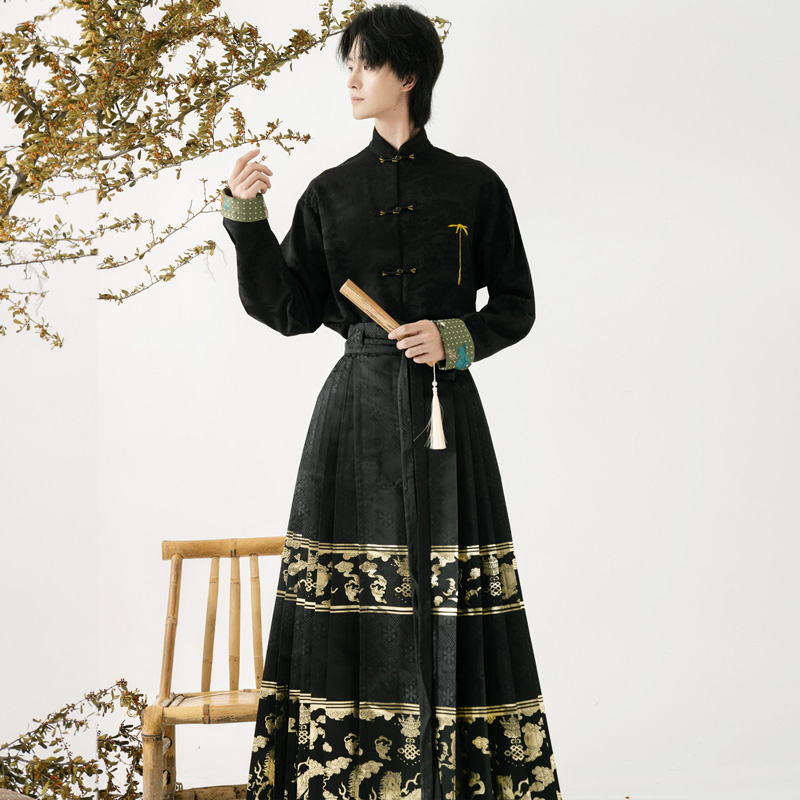 Men-Casual-Hanfu-Ming-Dynasty-Style-Mamian-Skirt-Modern-Stand-Collar-Shirt-2 Men Casual Hanfu Ming Dynasty Style Mamian Skirt Modern Stand Collar Shirt