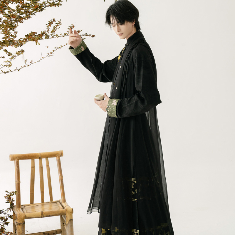 Men-Casual-Hanfu-Ming-Dynasty-Style-Mamian-Skirt-Modern-Stand-Collar-Shirt-3 Men Casual Hanfu Ming Dynasty Style Mamian Skirt Modern Stand Collar Shirt