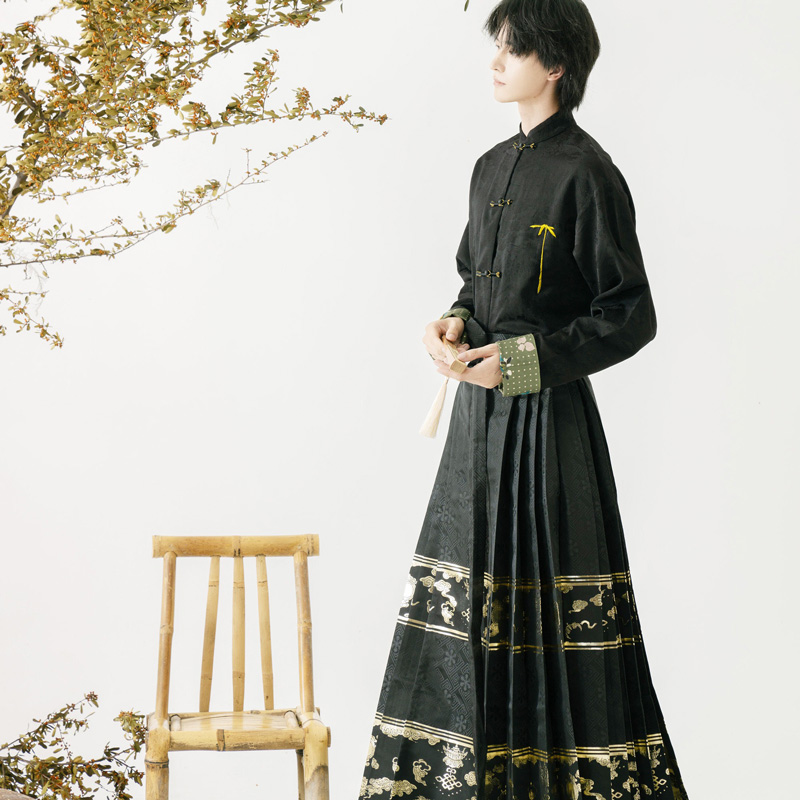 Men-Casual-Hanfu-Ming-Dynasty-Style-Mamian-Skirt-Modern-Stand-Collar-Shirt-4 Men Casual Hanfu Ming Dynasty Style Mamian Skirt Modern Stand Collar Shirt