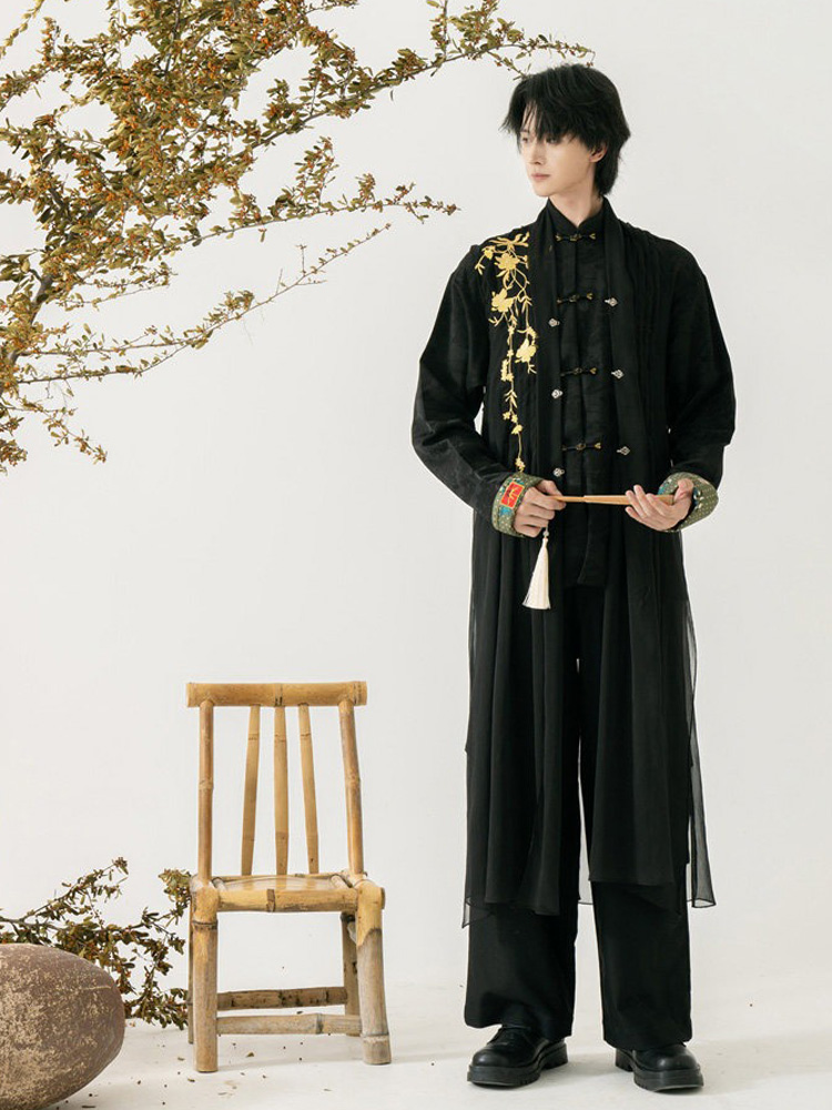 Men Casual Hanfu Ming Dynasty Style Mamian Skirt Modern Stand Collar Shirt