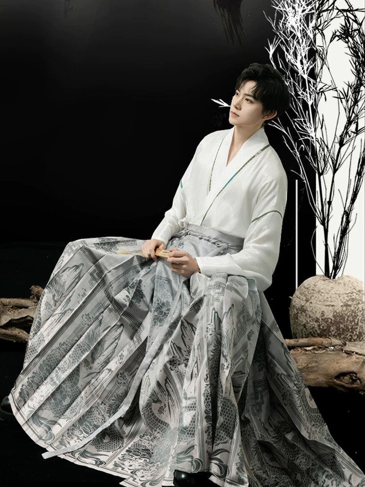 Men Ming Dynasty Hanfu Modern Style Ma Mian Silver Skirt