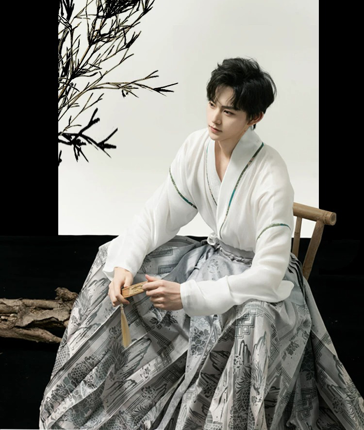Men Ming Dynasty Hanfu Modern Style Ma Mian Silver Skirt