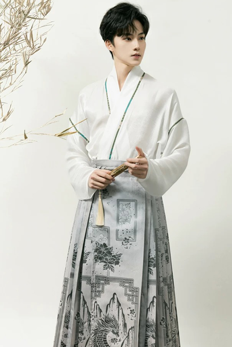 Men Ming Dynasty Hanfu Modern Style Ma Mian Silver Skirt