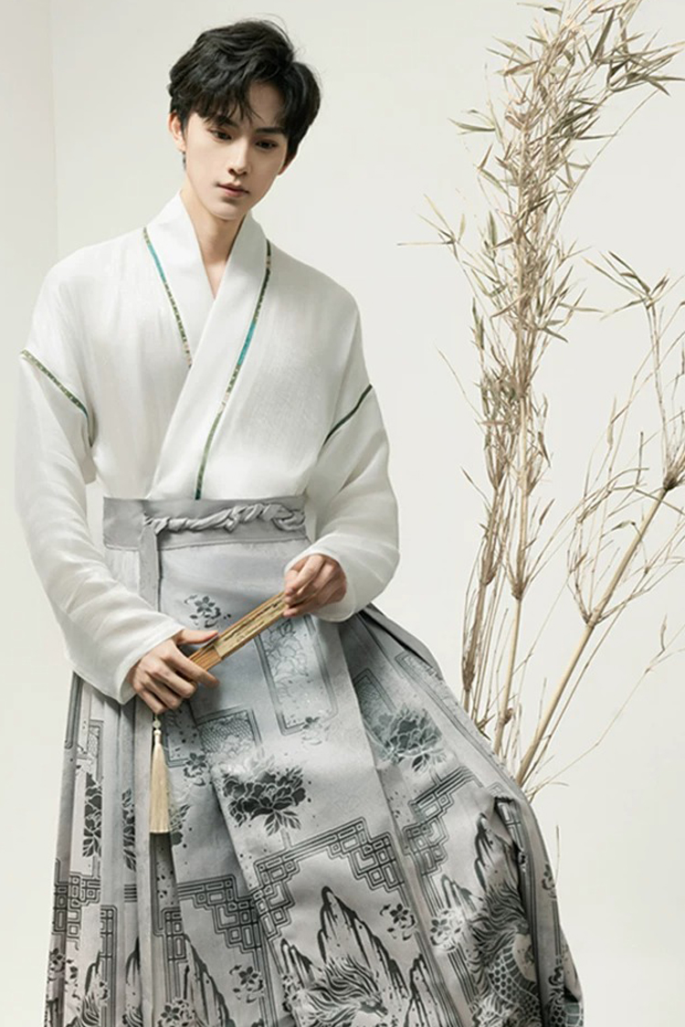 Men Ming Dynasty Hanfu Modern Style Ma Mian Silver Skirt