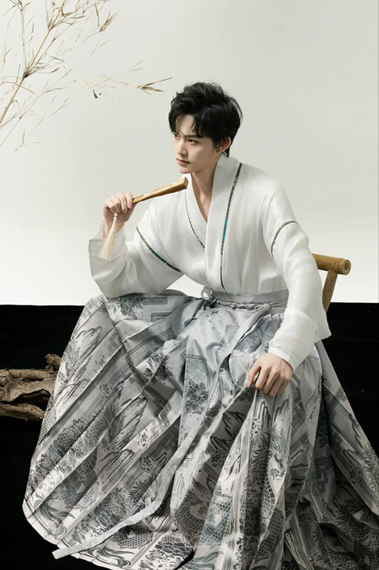Men Ming Dynasty Hanfu Modern Style Ma Mian Silver Skirt