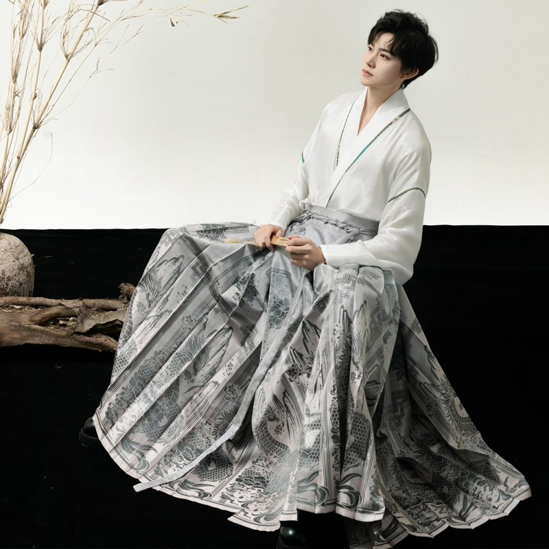 Men Ming Dynasty Hanfu Modern Style Ma Mian Silver Skirt