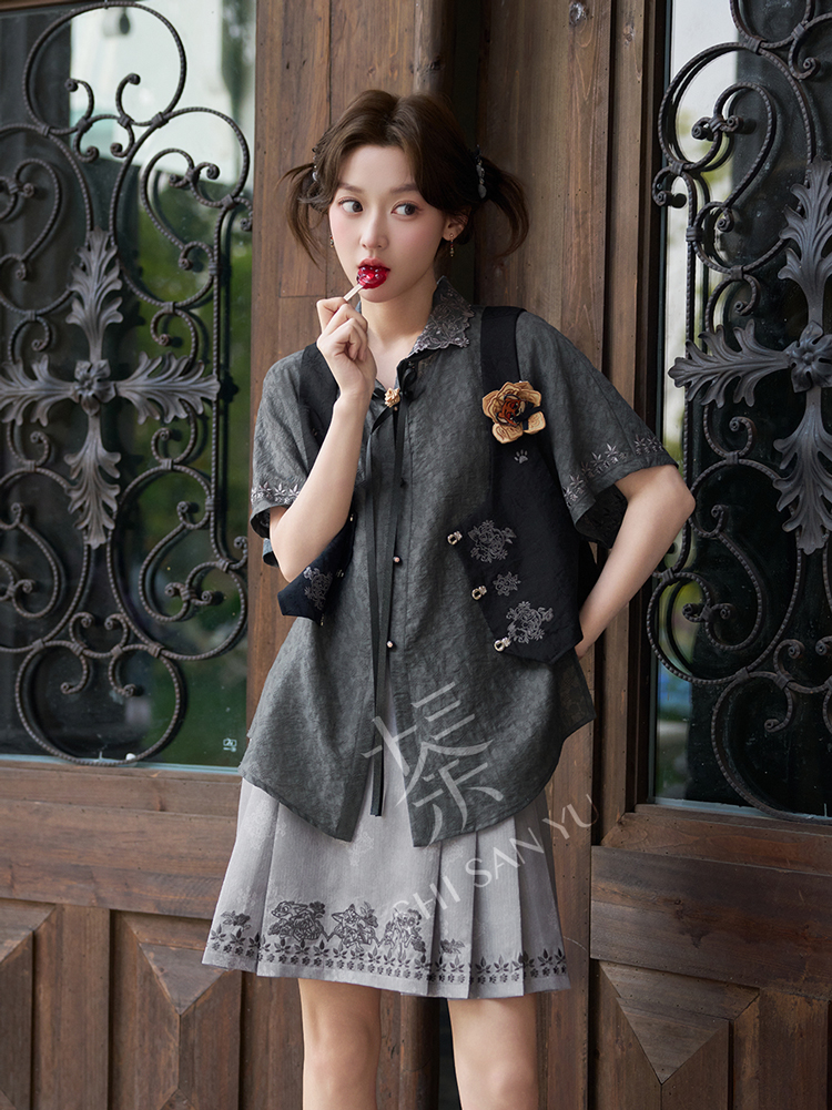 Modern Summer Women Casual Set Ming-Style Short Mamian Qun Set
