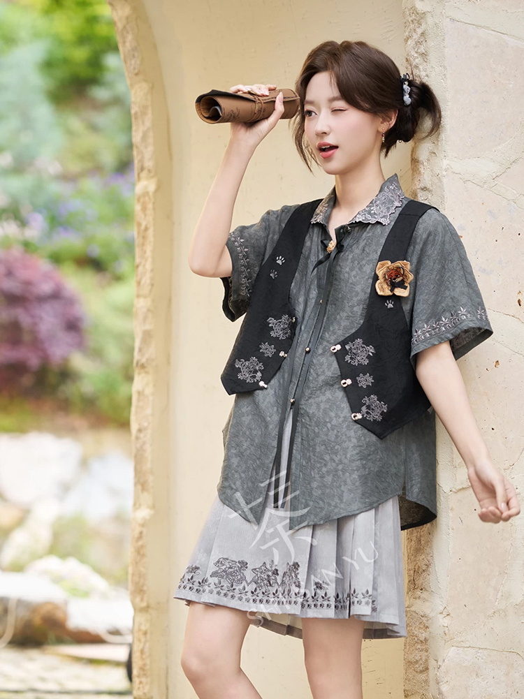 Modern Summer Women Casual Set Ming-Style Short Mamian Qun Set