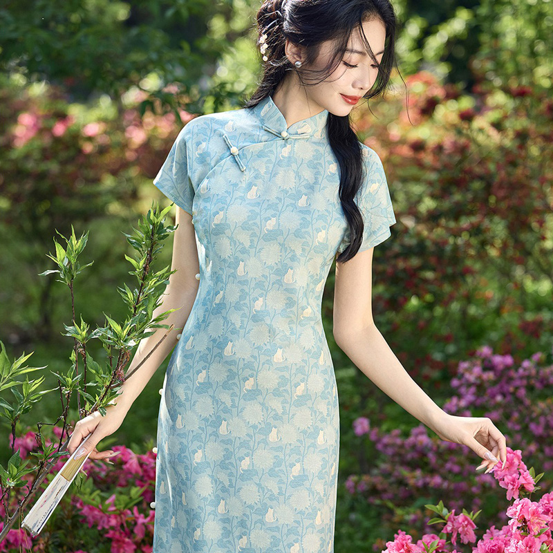 New-Summer-Women's-Qipao-Blue-Short-Sleeve-Long-Cheongsam-1 New Summer Women's Qipao Blue Short-Sleeve Long Cheongsam