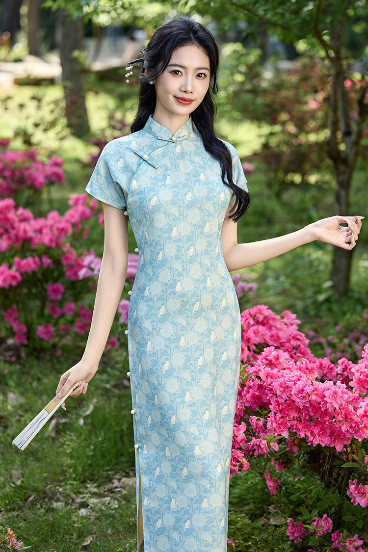 New Summer Women's Qipao Blue Short-Sleeve Long Cheongsam