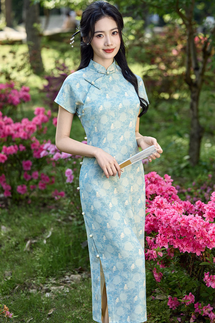 New Summer Women's Qipao Blue Short-Sleeve Long Cheongsam