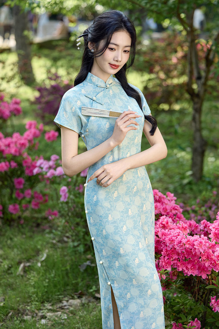 New Summer Women's Qipao Blue Short-Sleeve Long Cheongsam