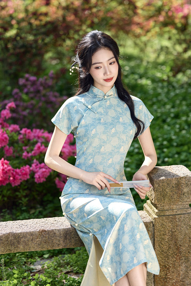 New Summer Women's Qipao Blue Short-Sleeve Long Cheongsam