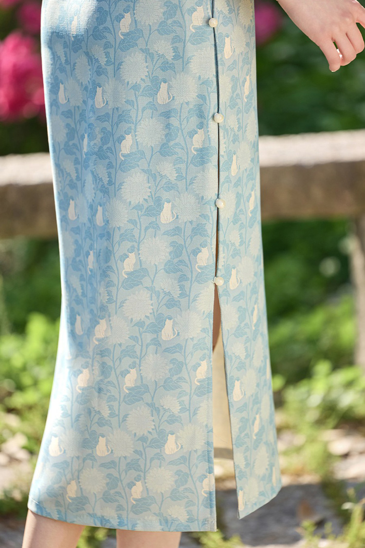 New Summer Women's Qipao Blue Short-Sleeve Long Cheongsam
