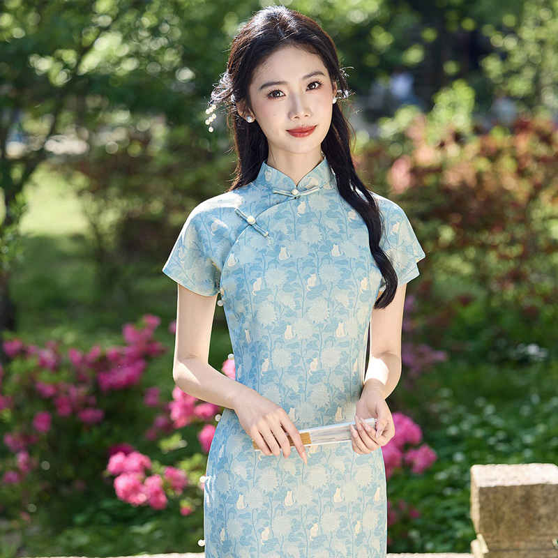 New-Summer-Women's-Qipao-Blue-Short-Sleeve-Long-Cheongsam-2 New Summer Women's Qipao Blue Short-Sleeve Long Cheongsam