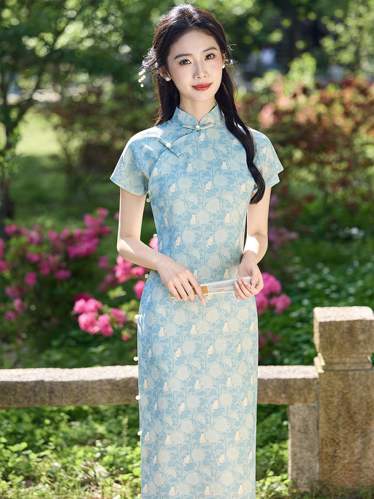 New Summer Women's Qipao Blue Short-Sleeve Long Cheongsam