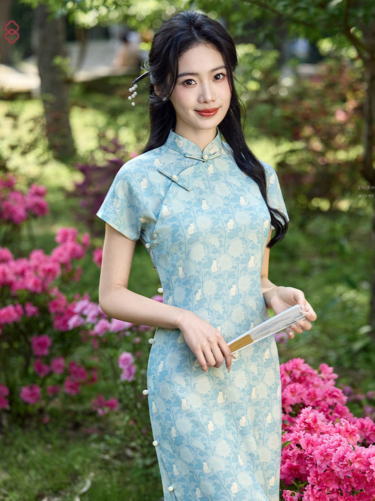New Summer Women's Qipao Blue Short-Sleeve Long Cheongsam