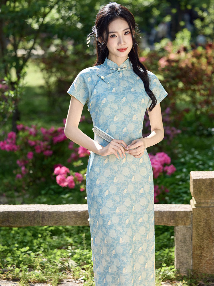 New Summer Women's Qipao Blue Short-Sleeve Long Cheongsam