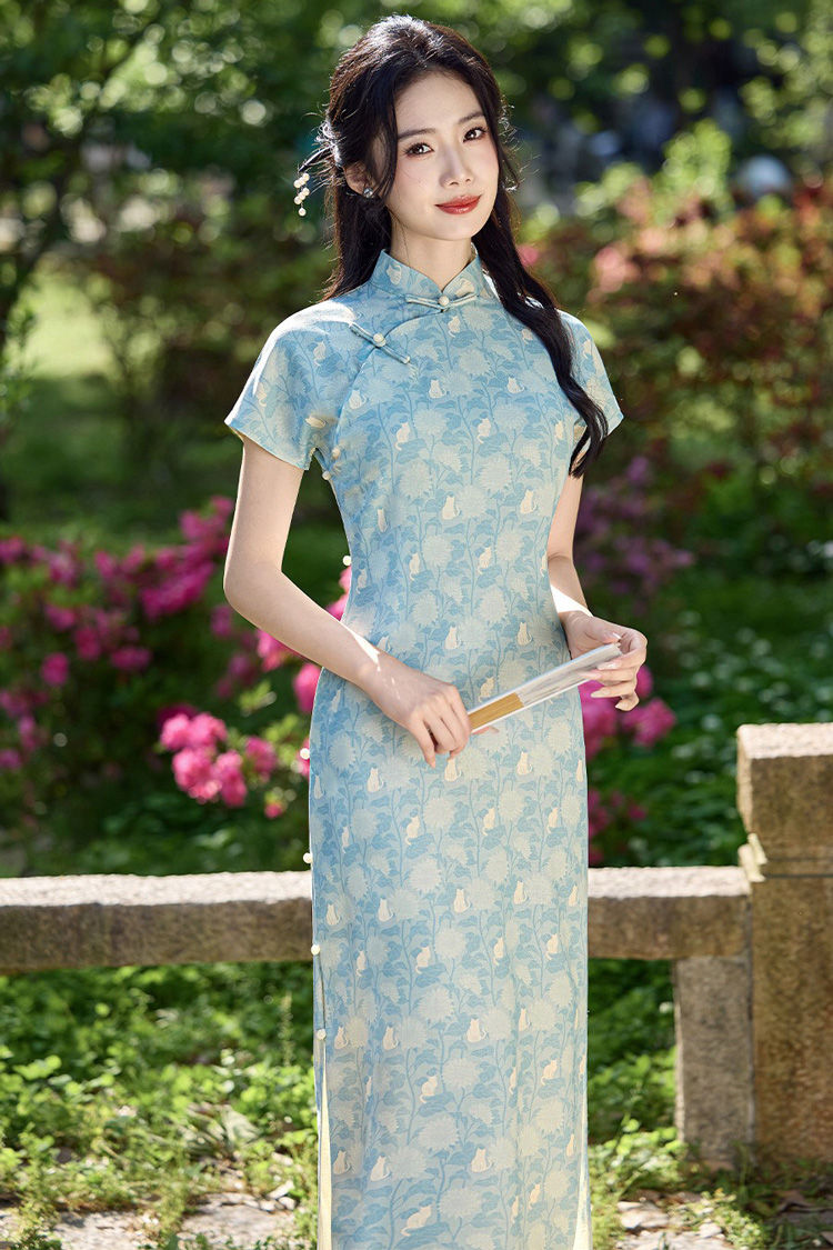 New Summer Women's Qipao Blue Short-Sleeve Long Cheongsam
