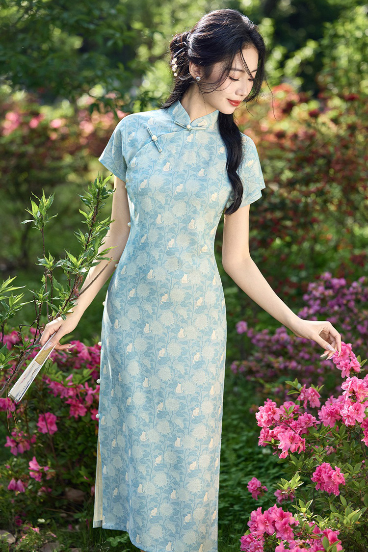 New Summer Women's Qipao Blue Short-Sleeve Long Cheongsam