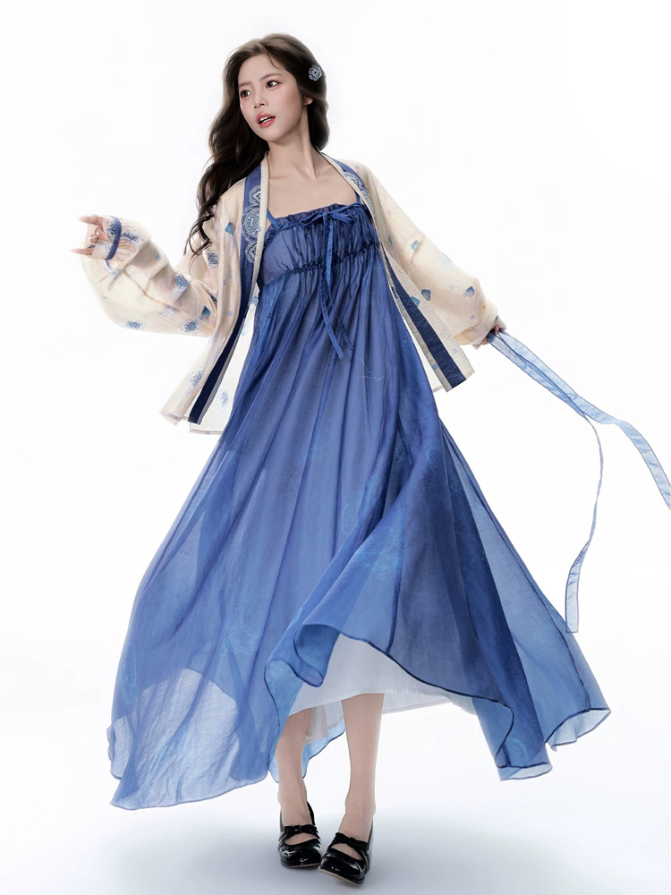Summer Women Long Dress Blue Casual Hanfu Set