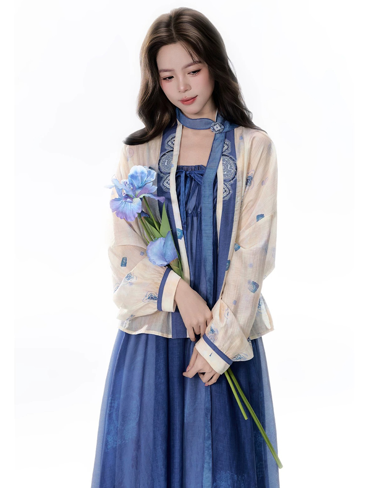 Summer Women Long Dress Blue Casual Hanfu Set